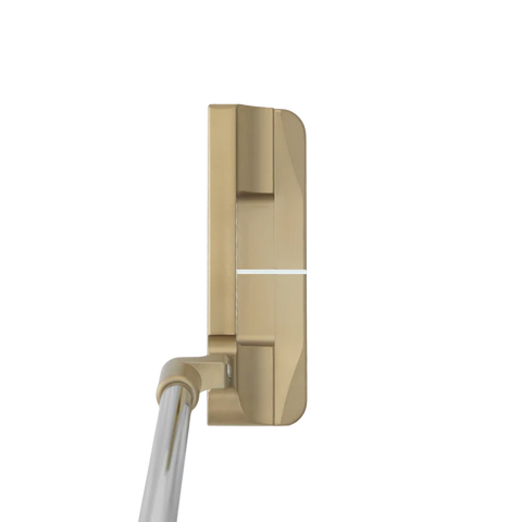 Address image of the Bettinardi Queen B Prototype Blade putter with a Gold Flame finish.