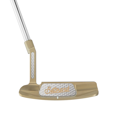 Rear view of the Bettinardi Queen B Prototype Blade putter with a Gold Flame finish.