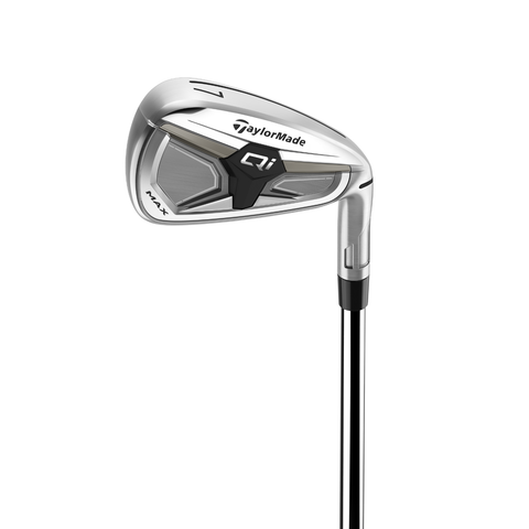 Close-up hero image of a TaylorMade Qi Max iron showing cavity and badge details