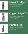 Caddy Splash Groove Sharpener tips: straight edge, angled edge and pointed
