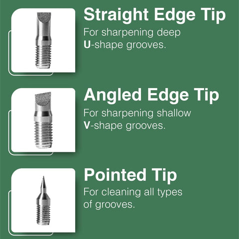 Caddy Splash Groove Sharpener tips: straight edge, angled edge and pointed