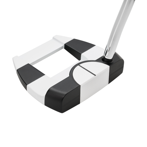 Angled image of Odyssey Ai-DUAL Jailbird Mini ½ Ball DB putter with compact mallet design