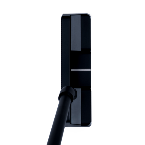 Overhead image of LINK.2.1 blade putter in black finish with narrow-body design and deep milled face.