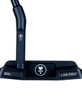 Angled image of LINK.2.2 compact wide-body blade with square back, black finish, and deep milled face.