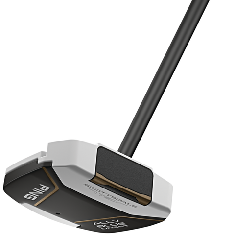 Angled view of Scottsdale TEC Ally Blue mallet putter face with onset shaft and Eye Q alignment