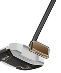 Angled view of Scottsdale TEC Ally Blue mallet putter face with component breakdown