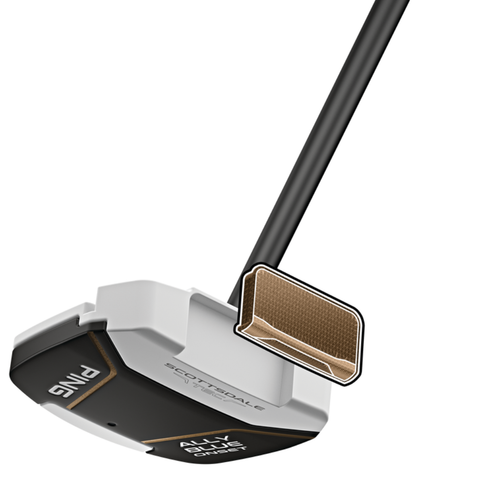 Angled view of Scottsdale TEC Ally Blue mallet putter face with component breakdown