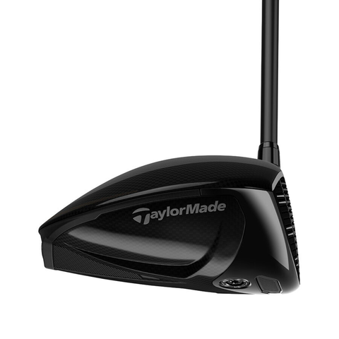 Side angle of Qi4D Shadowfall driver in high-gloss black, highlighting sleek design and performance.