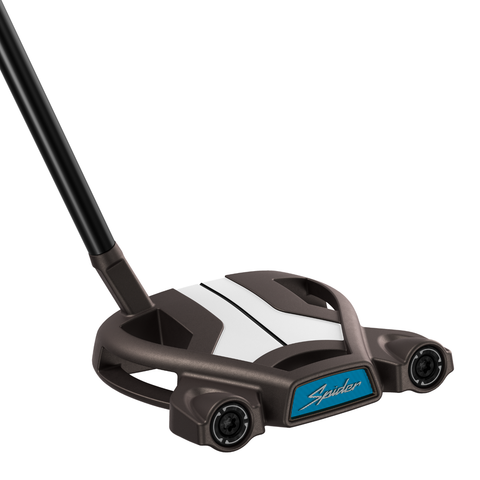 Angled image of the Tour Small Slant putter with torched finish, mallet design, True Path alignment.