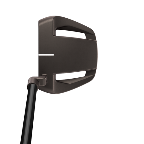 Address image of the Spider Tour V putter with compact mid-mallet design and torched PVD finish.