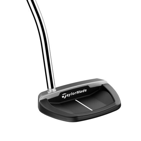 Angled image of Ardmore Single Bend mid-mallet putter with alignment lines and milled steel finish