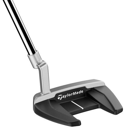 Angled image of Bandon L-Neck mid-mallet putter with two-tone alignment and milled steel finish