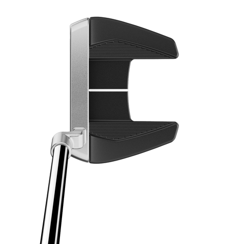 Overhead image of Bandon L-Neck mid-mallet putter with two-tone alignment and milled steel finish