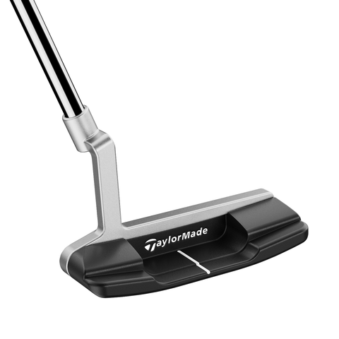 Angled image of Del Monte L-Neck wide-body blade putter with two-tone finish and milled steel face