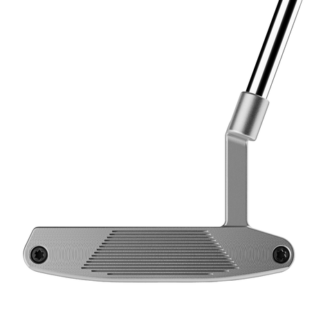 Image of Juno L-Neck blade putter face with bold alignment lines and two-tone milled steel finish