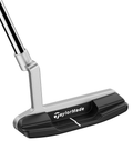 Angled image of Juno L-Neck blade putter with bold alignment lines and two-tone milled steel finish