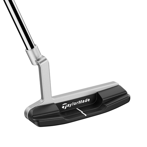 Angled image of Juno L-Neck blade putter with bold alignment lines and two-tone milled steel finish