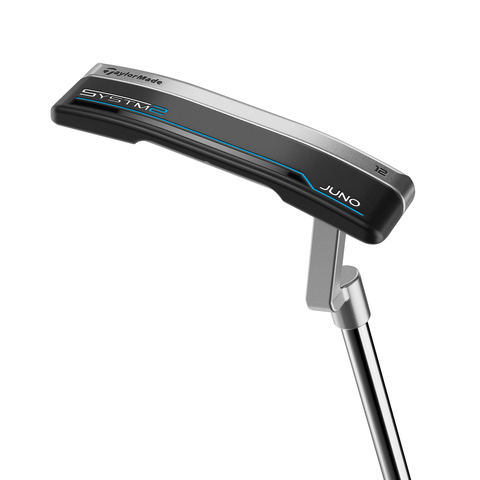 Hero image of Juno L-Neck blade putter with bold alignment lines and two-tone milled steel finish