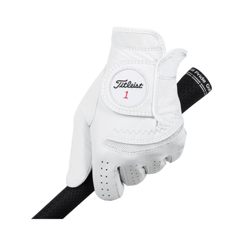 Titleist Perma-Soft Glove – Pearl (6597E), left hand on grip